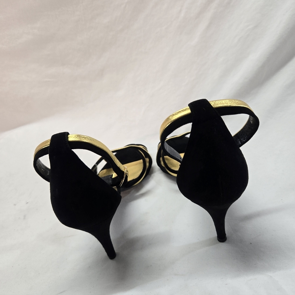 Ralph Lauren Collection Purple Label 10B Black Gold Leather Ankle Straps Heels - Picture 7 of 11